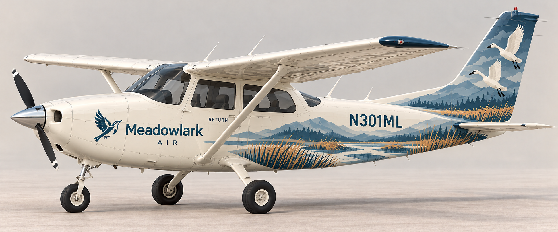 Concept artwork for Return: a linen-colored Cessna 172 with blue Idaho wetlands and two white swans across the fuselage and tail.